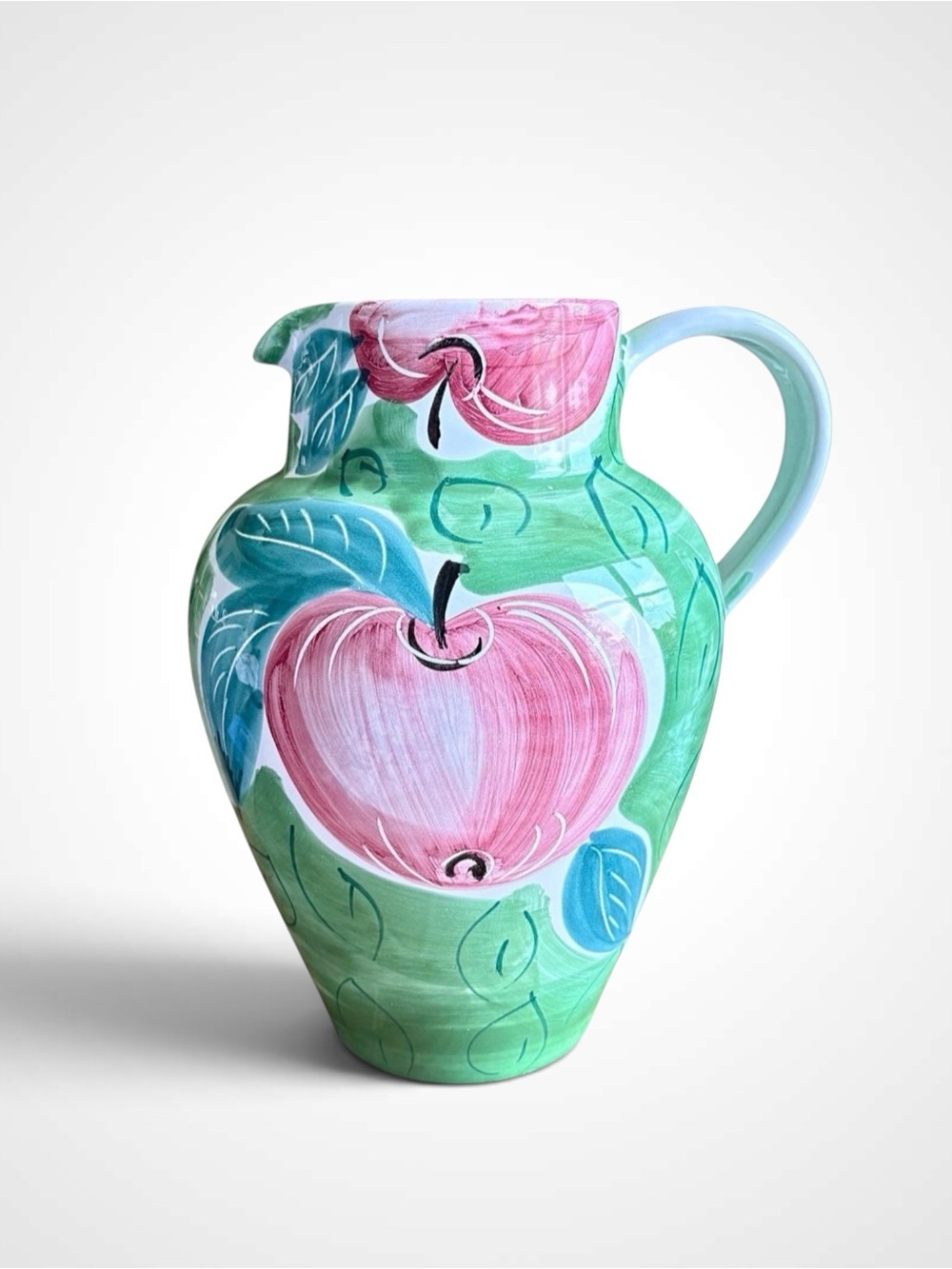 Pier 1 Hand-Painted Majolica Ceramic Pitcher in Pink and Green with Apple Motif